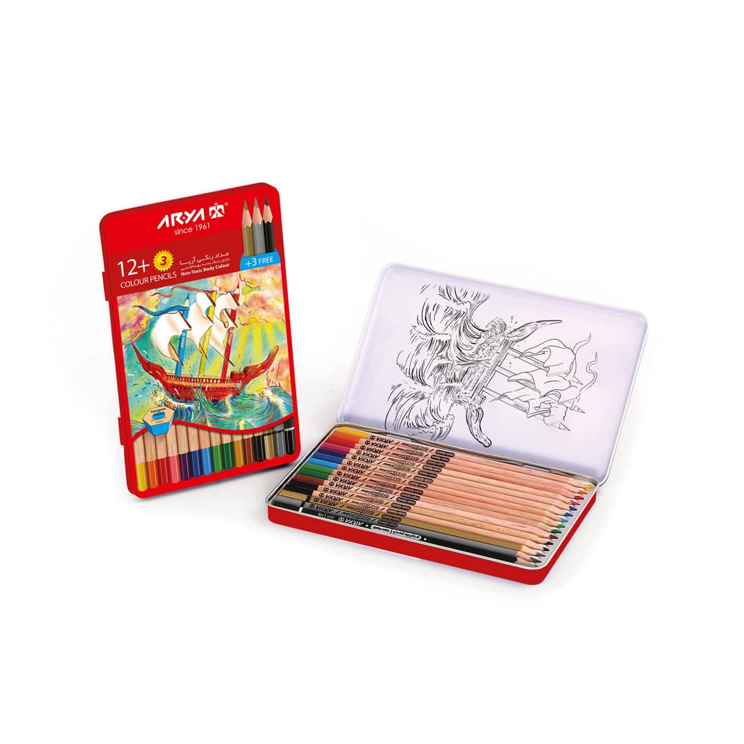 مداد-رنگی-312-رنگ-فلزی-تخت-آریا-3021 مداد رنگی ۳+۱۲ رنگ فلزی آریا مدل 3021 - Image 1